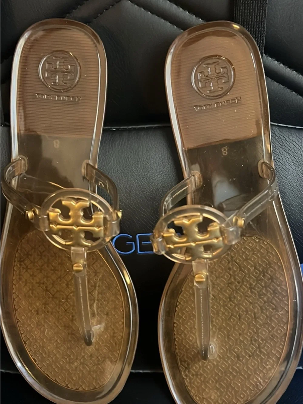 Tory Burch Clear Jelly Sandals with Gold Logo Medallion